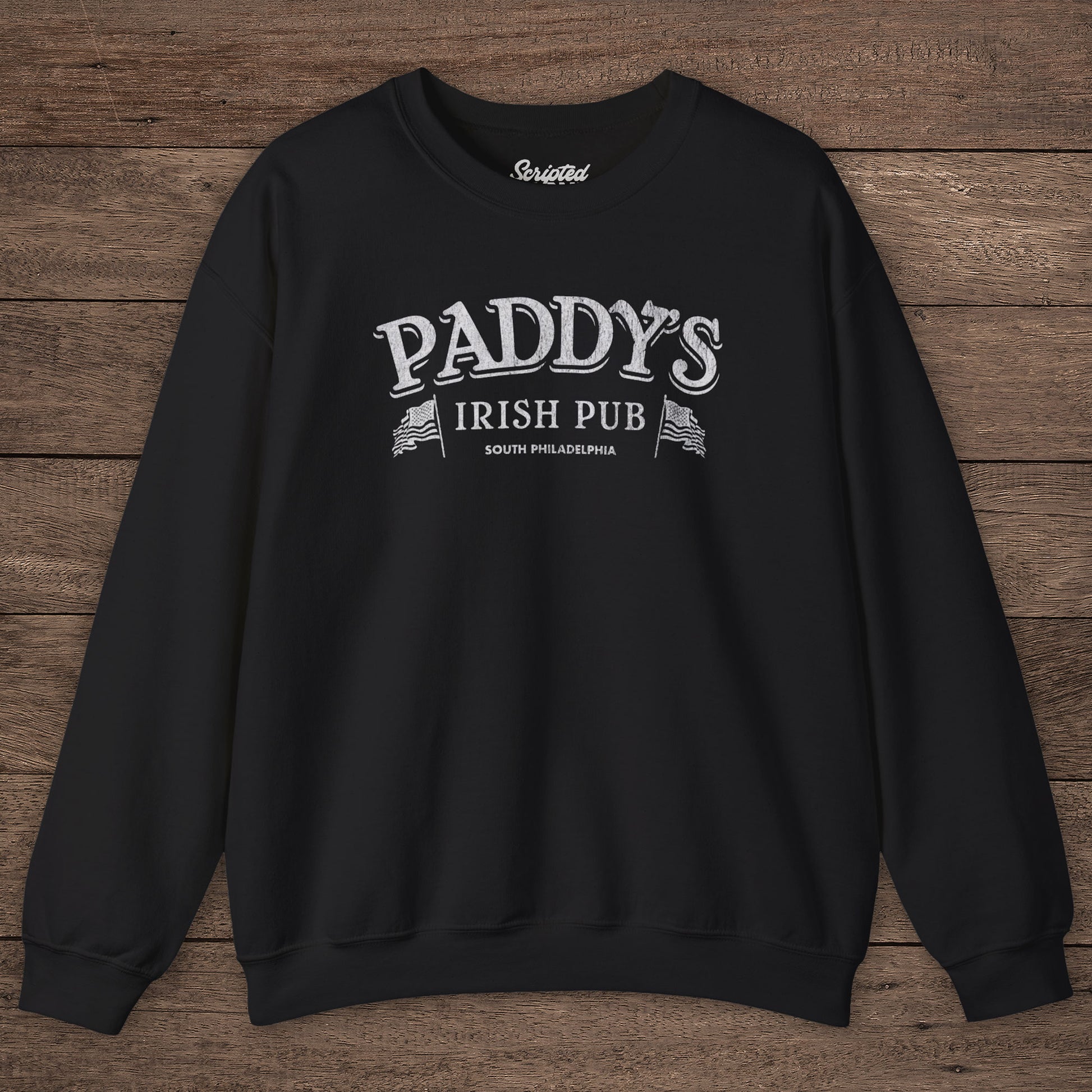 Black Crewneck Sweatshirt with the Paddy's Pub logo graphic from the TV Show Its Always Sunny in Philadelphia in a vintage style.