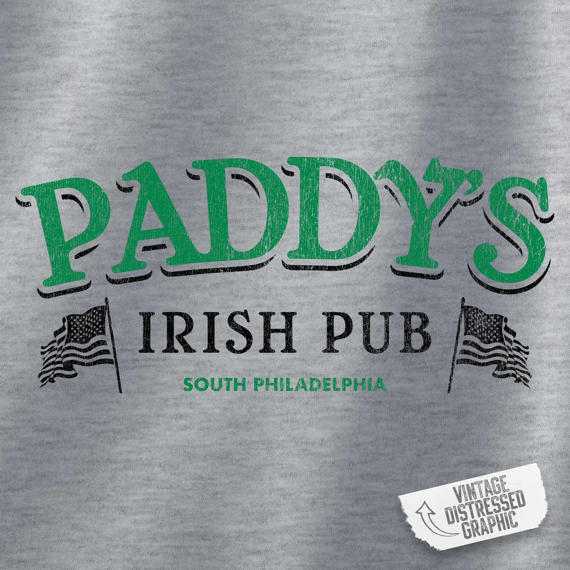 Closeup of Crewneck Sweatshirt with the Paddy's Pub logo graphic from the TV Show Its Always Sunny in Philadelphia in a vintage style.