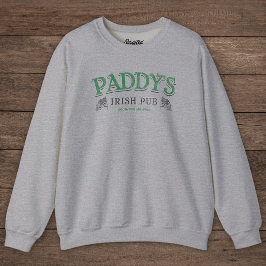 Heather Gray Crewneck Sweatshirt with the Paddy's Pub logo graphic from the TV Show Its Always Sunny in Philadelphia in a vintage style.