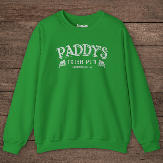 Green Crewneck Sweatshirt with the Paddy's Pub logo graphic from the TV Show Its Always Sunny in Philadelphia in a vintage style.
