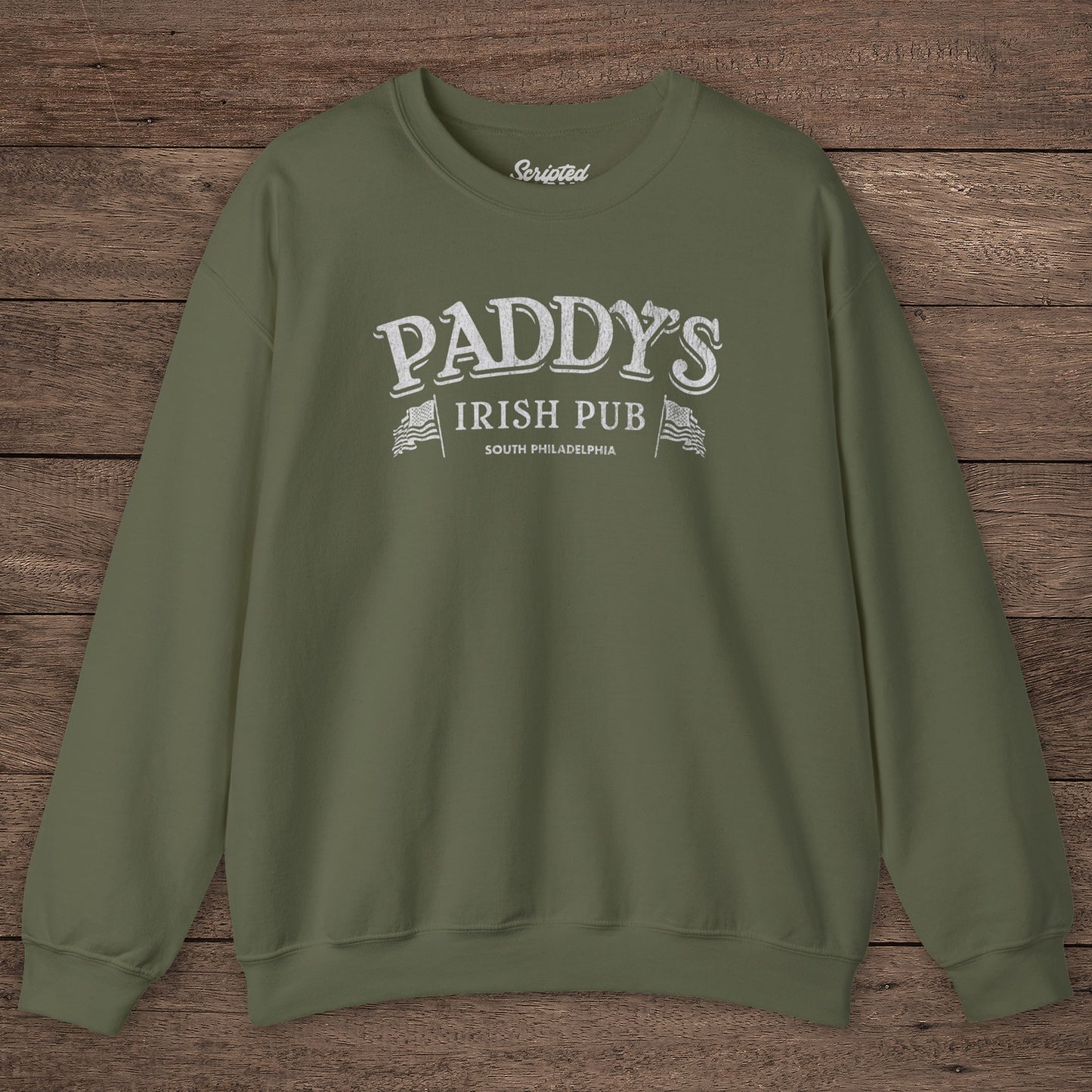 Military Green Crewneck Sweatshirt with the Paddy's Pub logo graphic from the TV Show Its Always Sunny in Philadelphia in a vintage style.