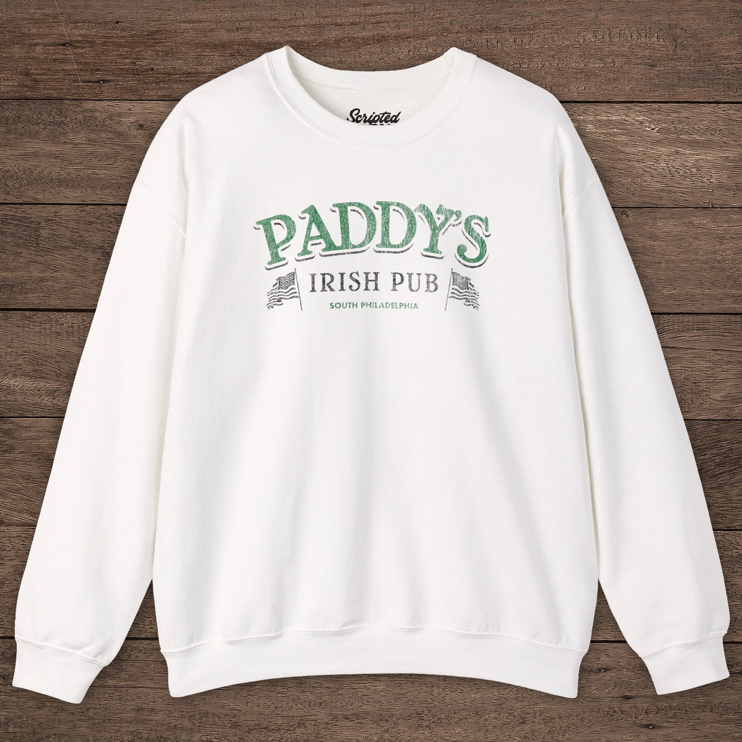 White Crewneck Sweatshirt with the Paddy's Pub logo graphic from the TV Show Its Always Sunny in Philadelphia in a vintage style.