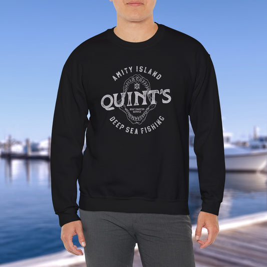 Model wearing black sweatshirt with Quint's Deep Sea Fishing logo from the movie Jaws in vintage distressed style.
