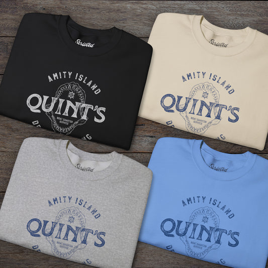 Four folded sweatshirts with Quint's Deep Sea Fishing logo from the movie Jaws in vintage distressed style.