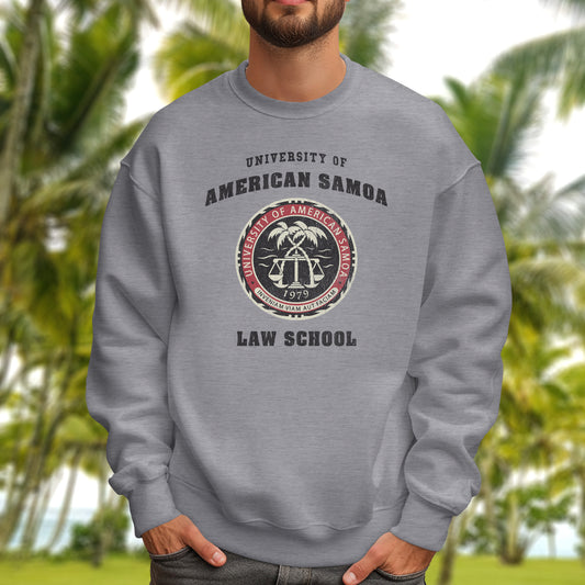 Man wearing Sport Heather Gray sweatshirt featuring the University of American Samoa Law School logo graphic worn by Jimmy McGill in the TV show Better Call Saul in a vintage distressed style.