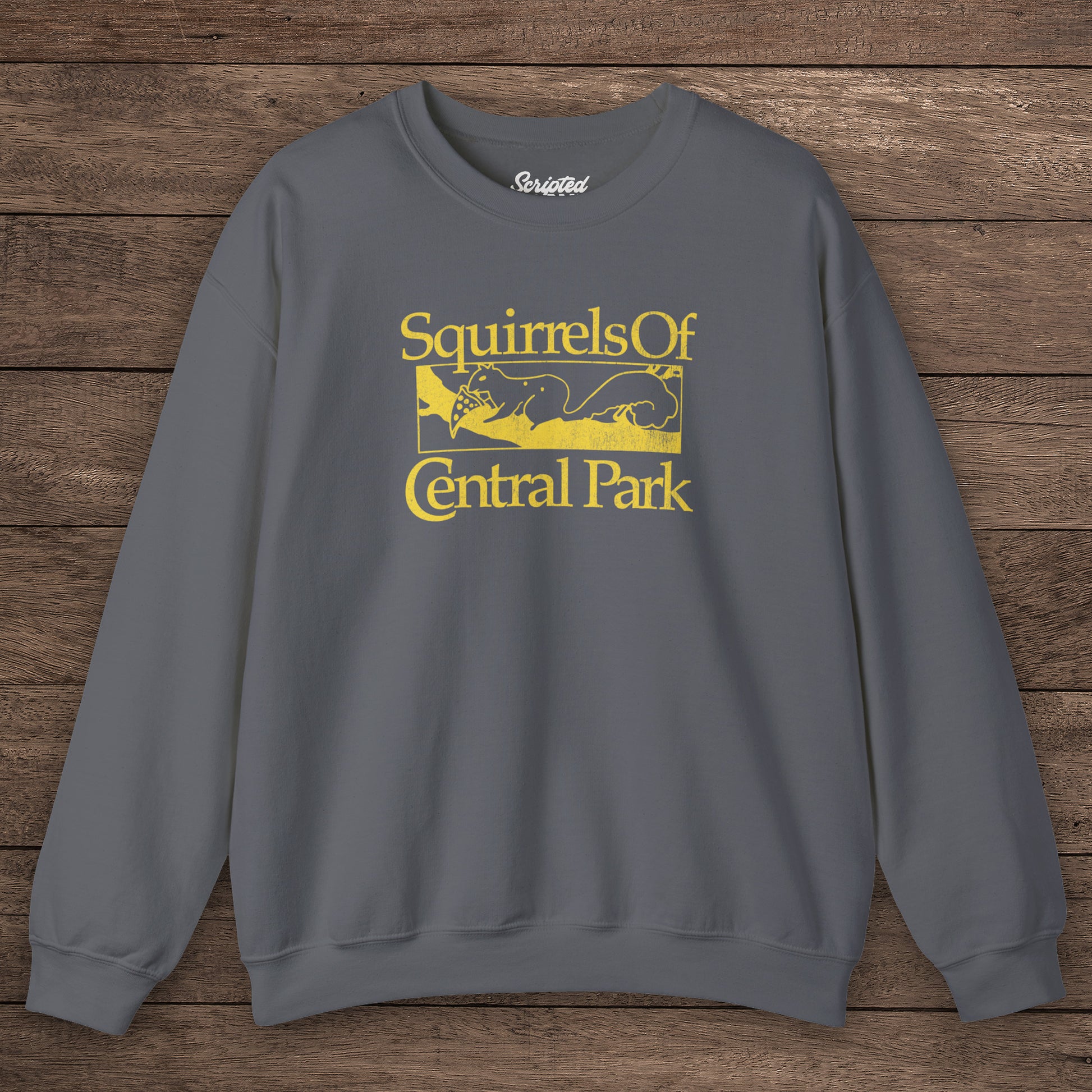 Charcoal gray Squirrels Of Central Park vintage distressed crewneck sweatshirt inspired by Bad Sisters, shown on wooden background.