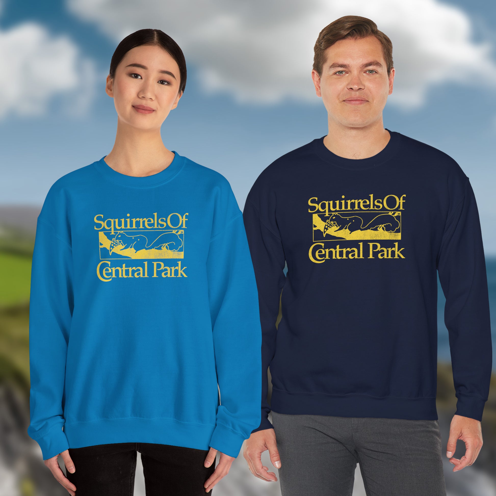 Two people wearing Squirrels Of Central Park vintage distressed crewneck sweatshirts inspired by Bad Sisters, with an Ireland background.