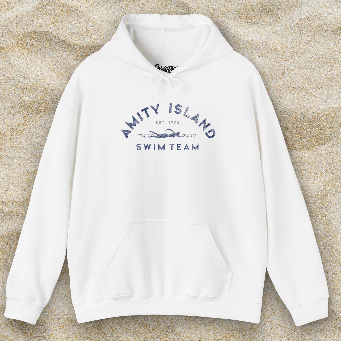 Front view of a white colored Soft Unisex Hoodie Heavy Blend Hooded Sweatshirt featuring an Amity Island Swim Team logo graphic, designed by ScriptedBrand, and  inspired by the movie Jaws in a vintage distressed style.