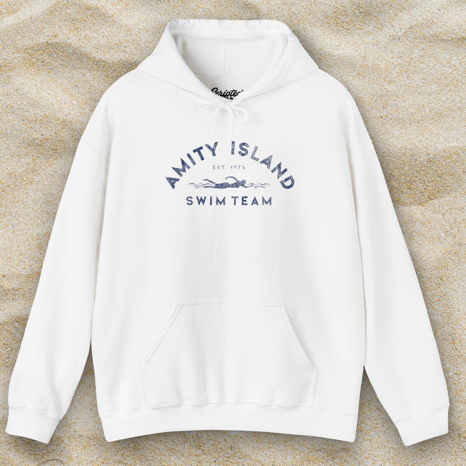 Front view of a white colored Soft Unisex Hoodie Heavy Blend Hooded Sweatshirt featuring an Amity Island Swim Team logo graphic, designed by ScriptedBrand, and  inspired by the movie Jaws in a vintage distressed style.