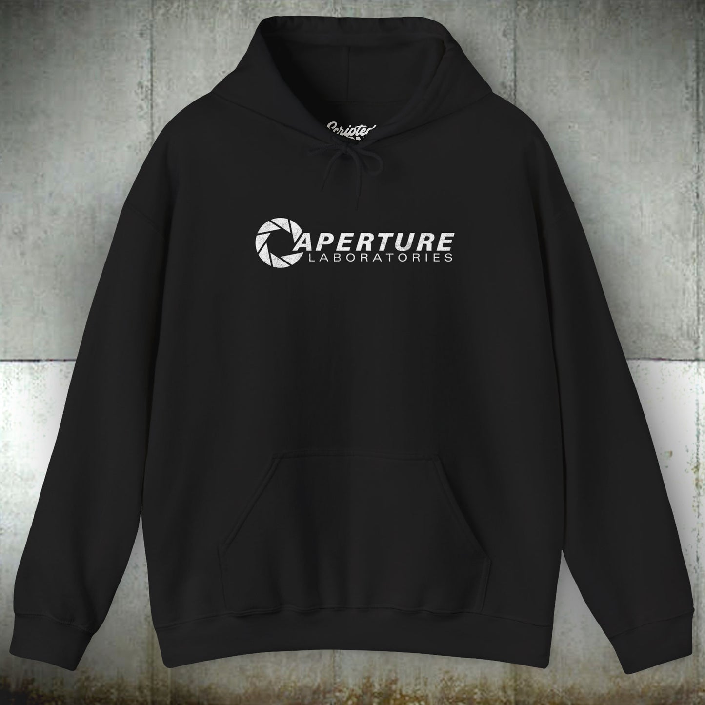 Front view of a black colored Unisex Hoodie Heavy Blend Hooded Sweatshirt featuring the Aperture Laboratories logo from the video game Portal and Portal 2 in a vintage distressed style, sold by ScriptedBrand.