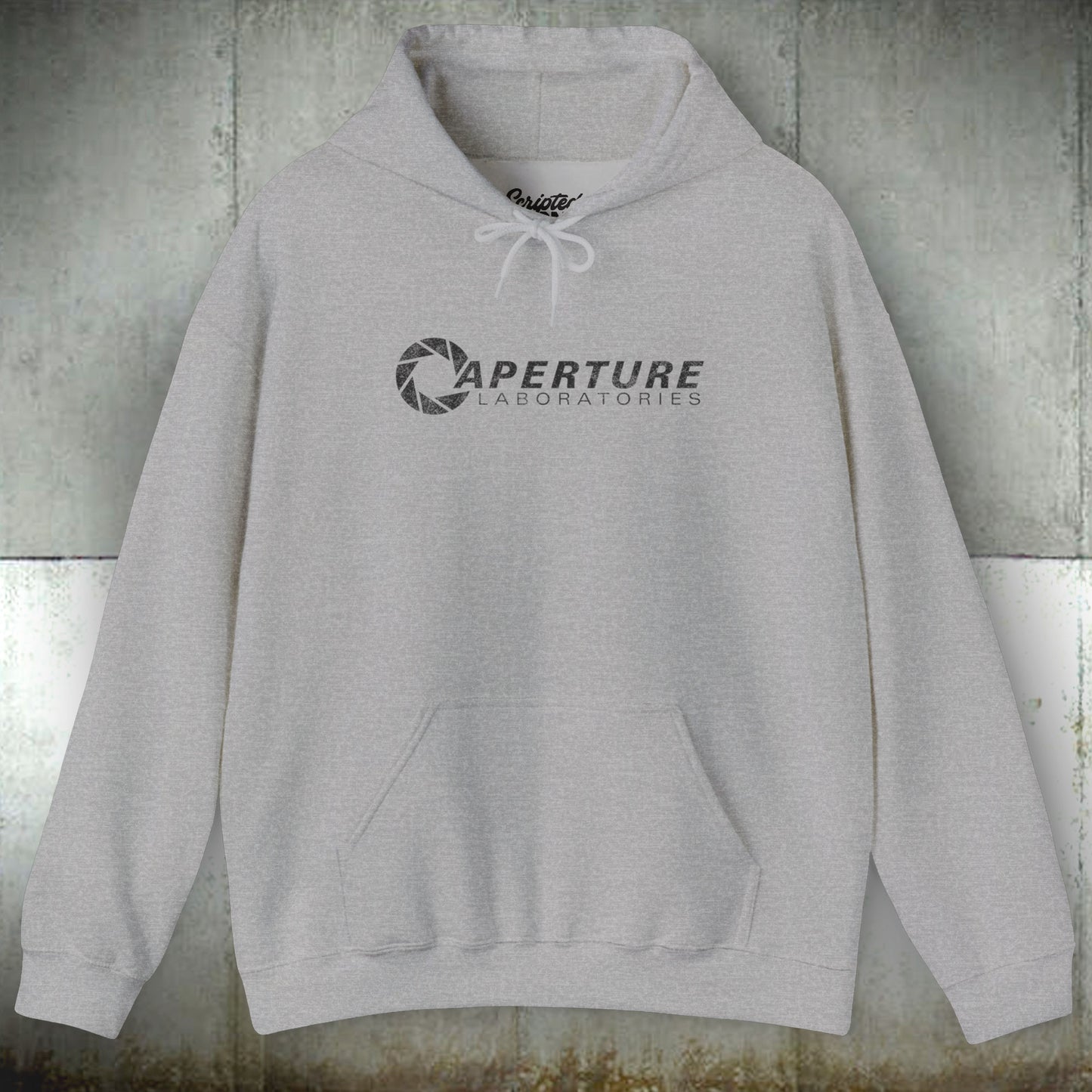 Front view of a sport gray heather colored Unisex Hoodie Heavy Blend Hooded Sweatshirt featuring the Aperture Laboratories logo from the video game Portal and Portal 2 in a vintage distressed style, sold by ScriptedBrand.