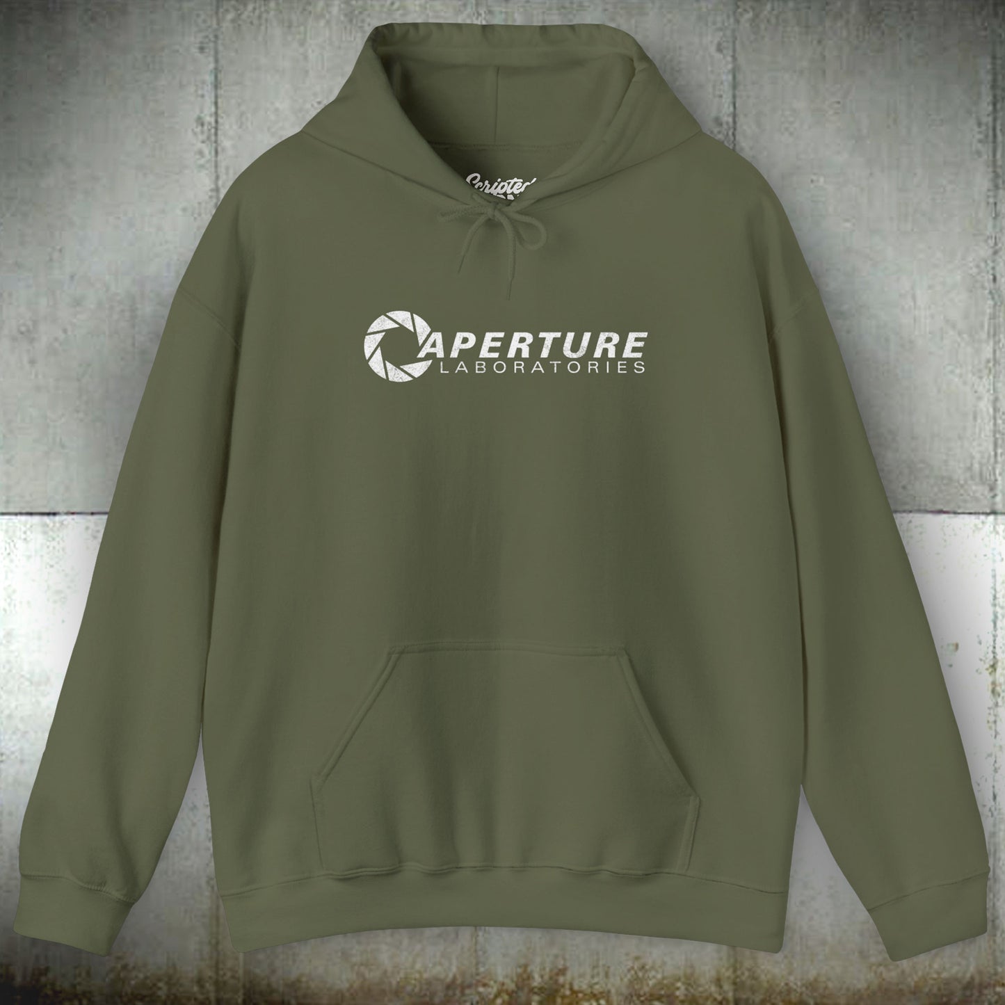 Front view of a military green colored Unisex Hoodie Heavy Blend Hooded Sweatshirt featuring the Aperture Laboratories logo from the video game Portal and Portal 2 in a vintage distressed style, sold by ScriptedBrand.