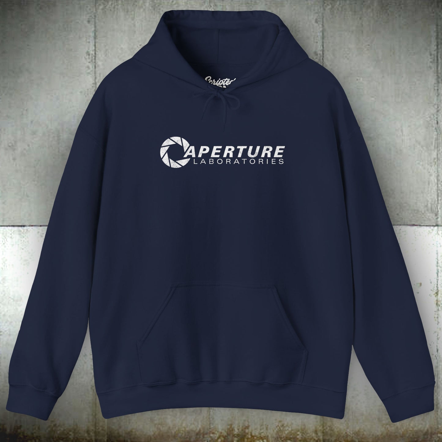 Front view of a navy blue colored Unisex Hoodie Heavy Blend Hooded Sweatshirt featuring the Aperture Laboratories logo from the video game Portal and Portal 2 in a vintage distressed style, sold by ScriptedBrand.