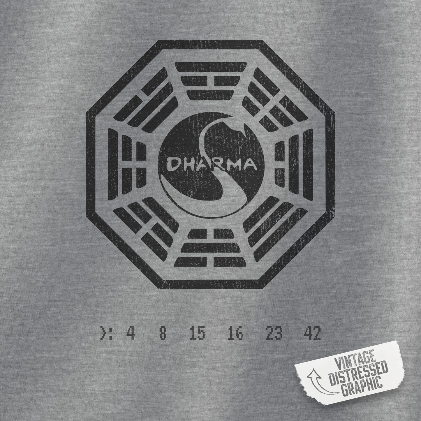 Closeup view of a sport heather gray Soft Unisex Hoodie Heavy Blend Hooded Sweatshirt featuring the Dharma Initiative swan logo graphic from the TV show LOST in a vintage distressed ink-stamped worn-in style.