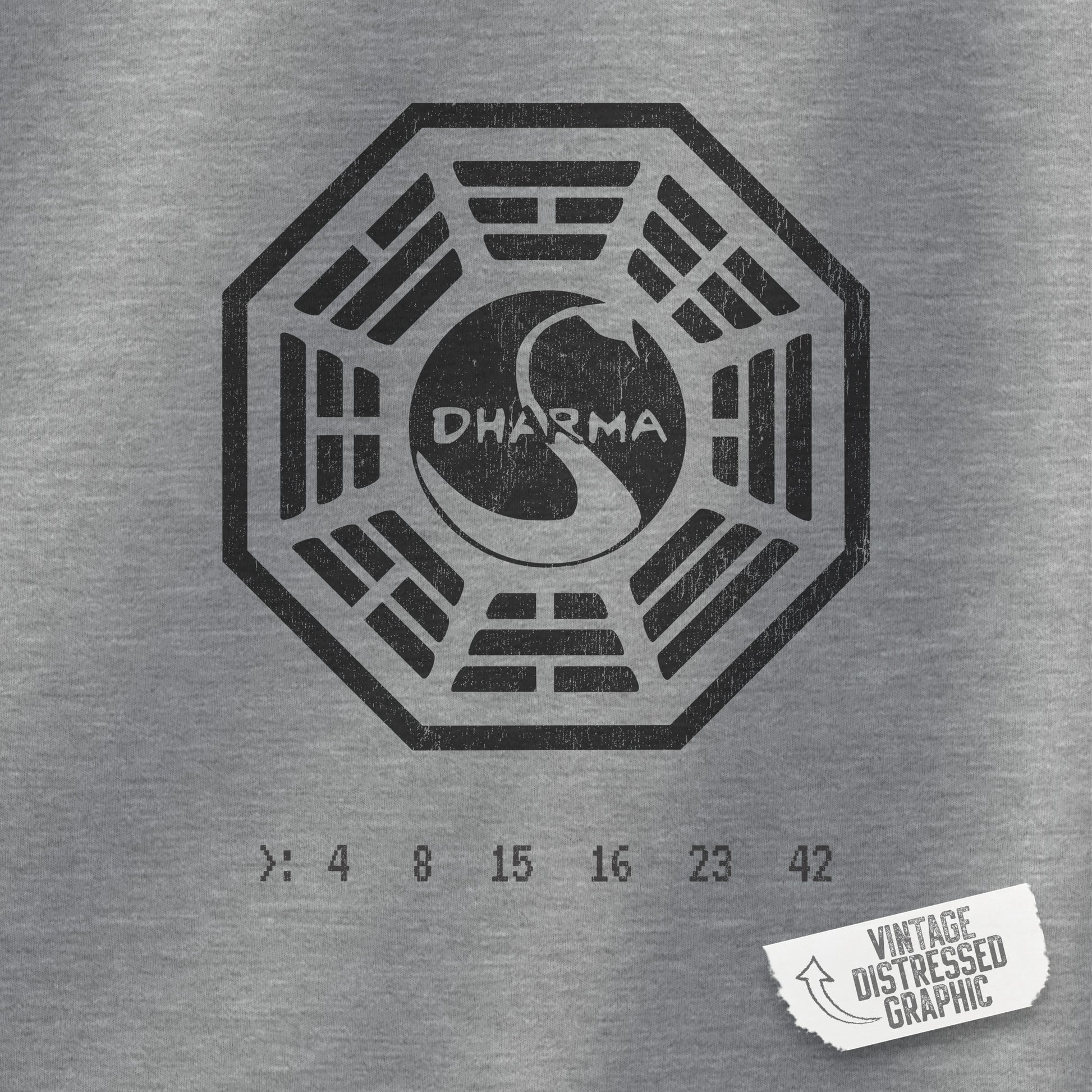 Closeup view of a sport heather gray Soft Unisex Hoodie Heavy Blend Hooded Sweatshirt featuring the Dharma Initiative swan logo graphic from the TV show LOST in a vintage distressed ink-stamped worn-in style.