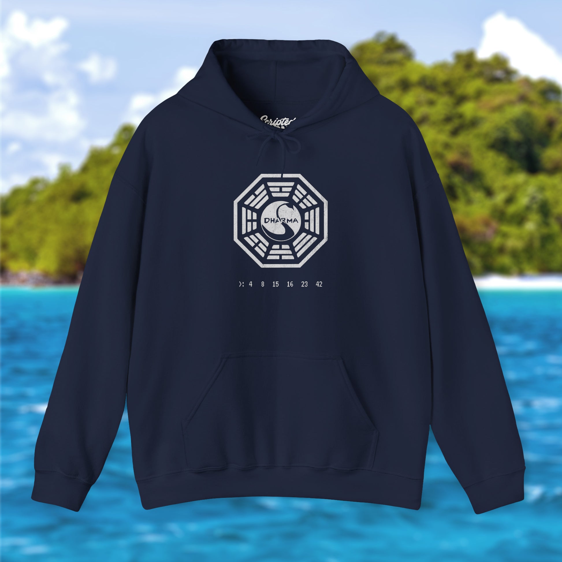Navy blue Soft Unisex Hoodie Heavy Blend Hooded Sweatshirt featuring the Dharma Initiative swan logo graphic from the TV show LOST in a vintage distressed ink-stamped worn-in style.