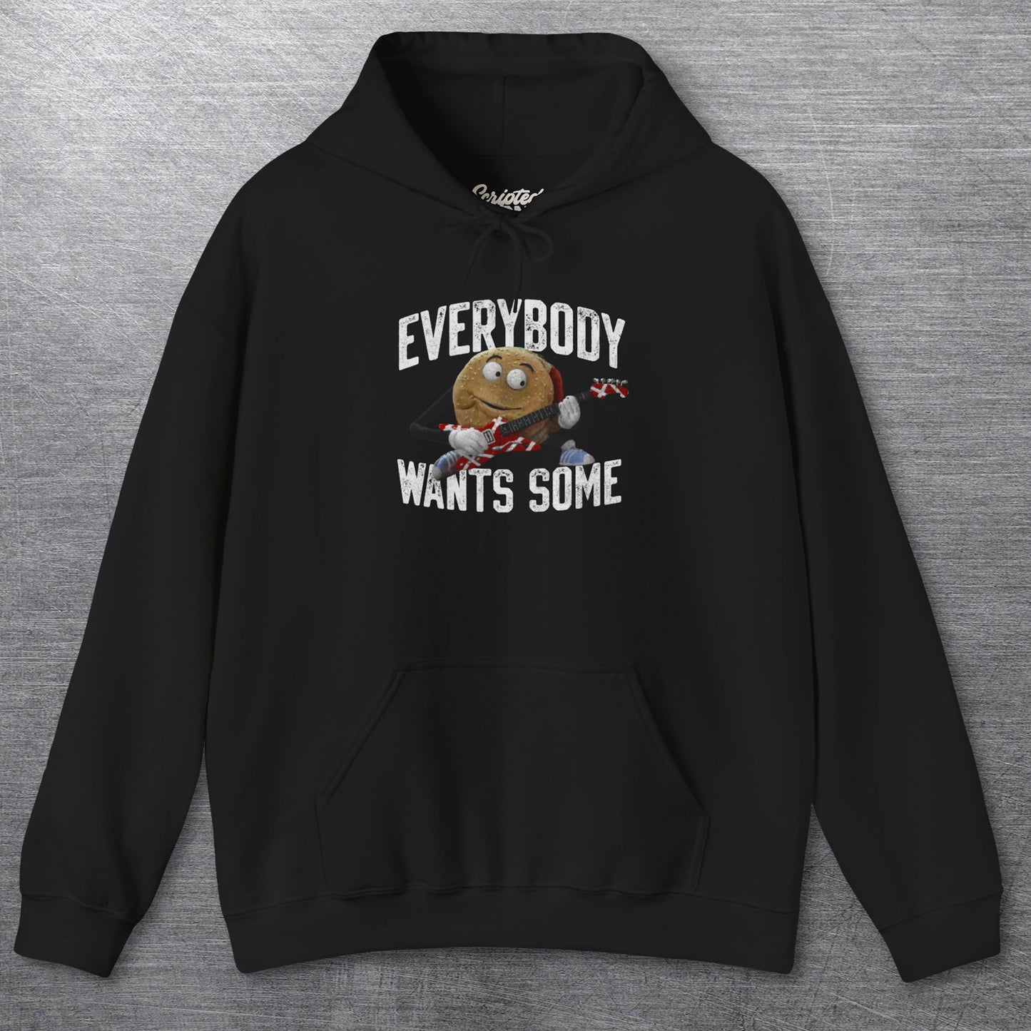 Black Soft Hoodie featuring Better Off Dead movie vintage Van Halen guitar Everybody Wants Some graphic with pig burger.