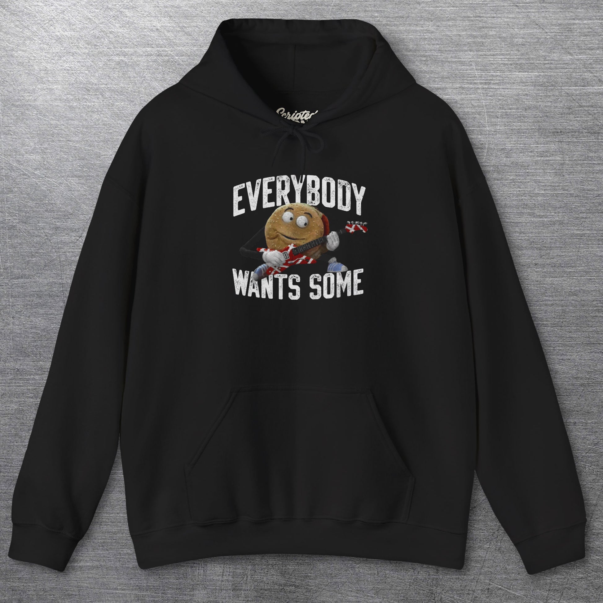 Black Soft Hoodie featuring Better Off Dead movie vintage Van Halen guitar Everybody Wants Some graphic with pig burger.