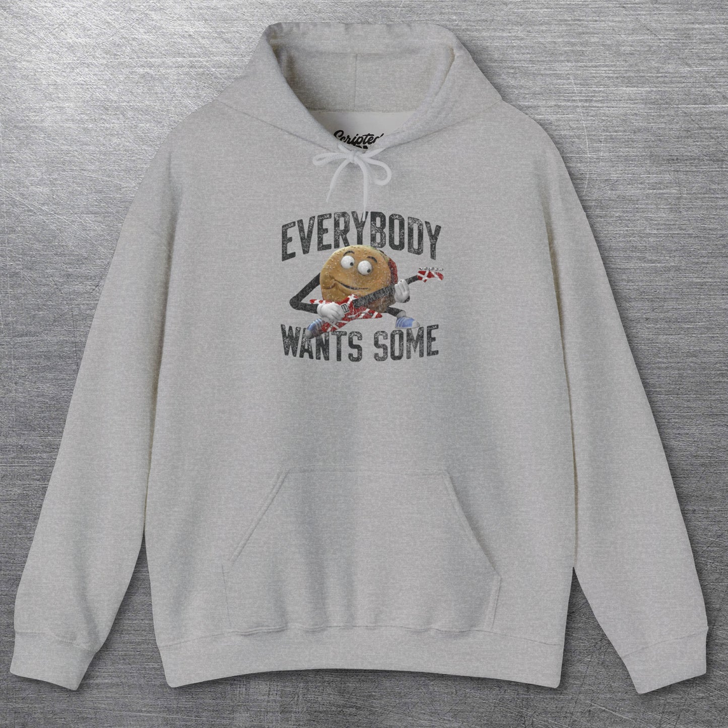 Heather Gray Soft Hoodie Sweatshirt featuring Better Off Dead movie vintage Van Halen guitar Everybody Wants Some graphic with pig burger.