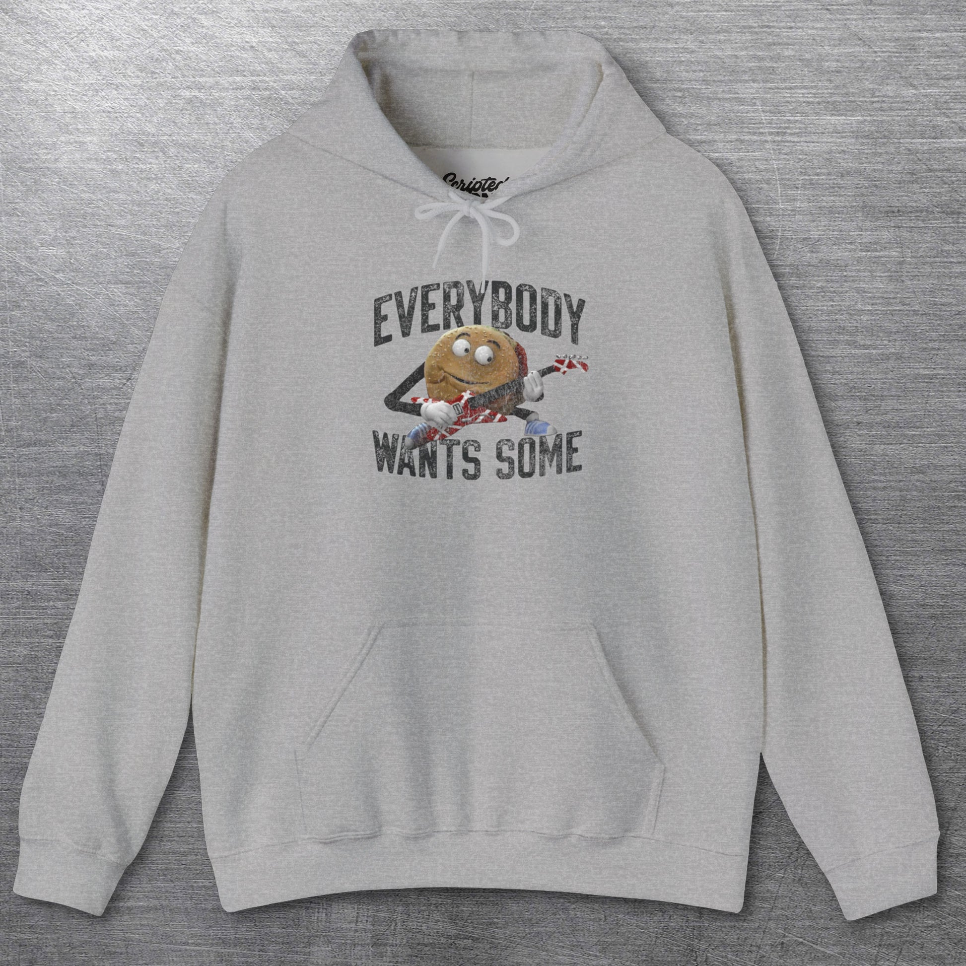 Heather Gray Soft Hoodie Sweatshirt featuring Better Off Dead movie vintage Van Halen guitar Everybody Wants Some graphic with pig burger.