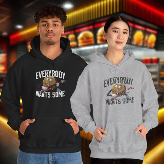 Two people wearing Soft Hoodie Sweatshirts featuring Better Off Dead movie vintage Van Halen guitar Everybody Wants Some graphic with pig burger.