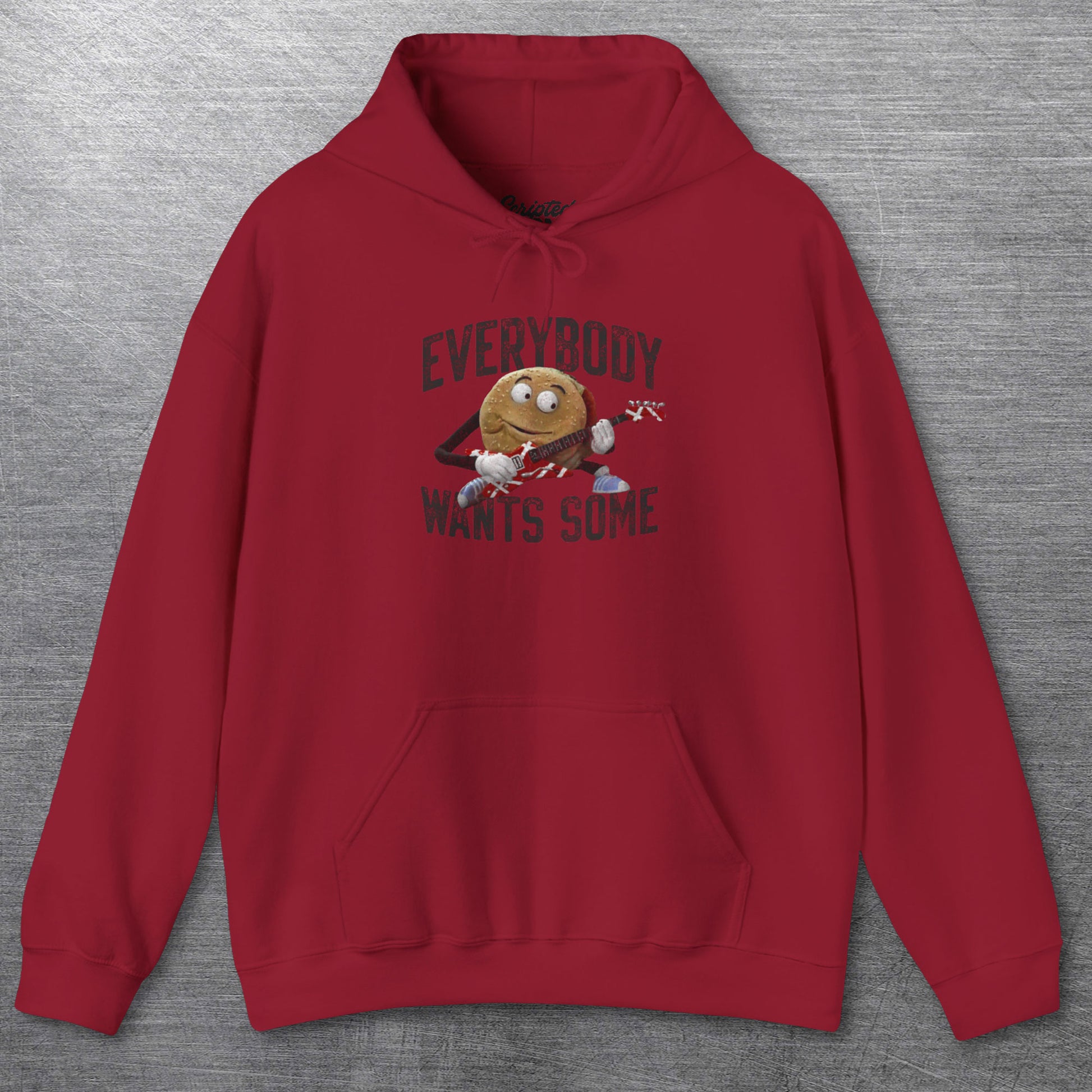 Red Soft Hoodie Sweatshirt featuring Better Off Dead movie vintage Van Halen guitar Everybody Wants Some graphic with pig burger.