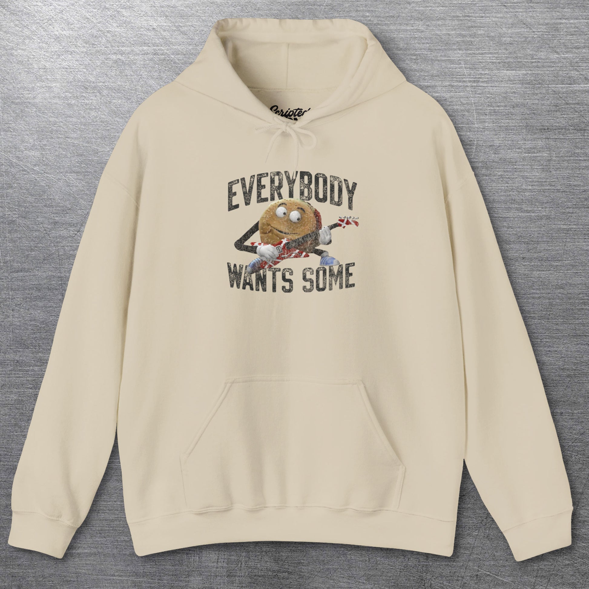 Sand tan Soft Hoodie Sweatshirt featuring Better Off Dead movie vintage Van Halen guitar Everybody Wants Some graphic with pig burger.