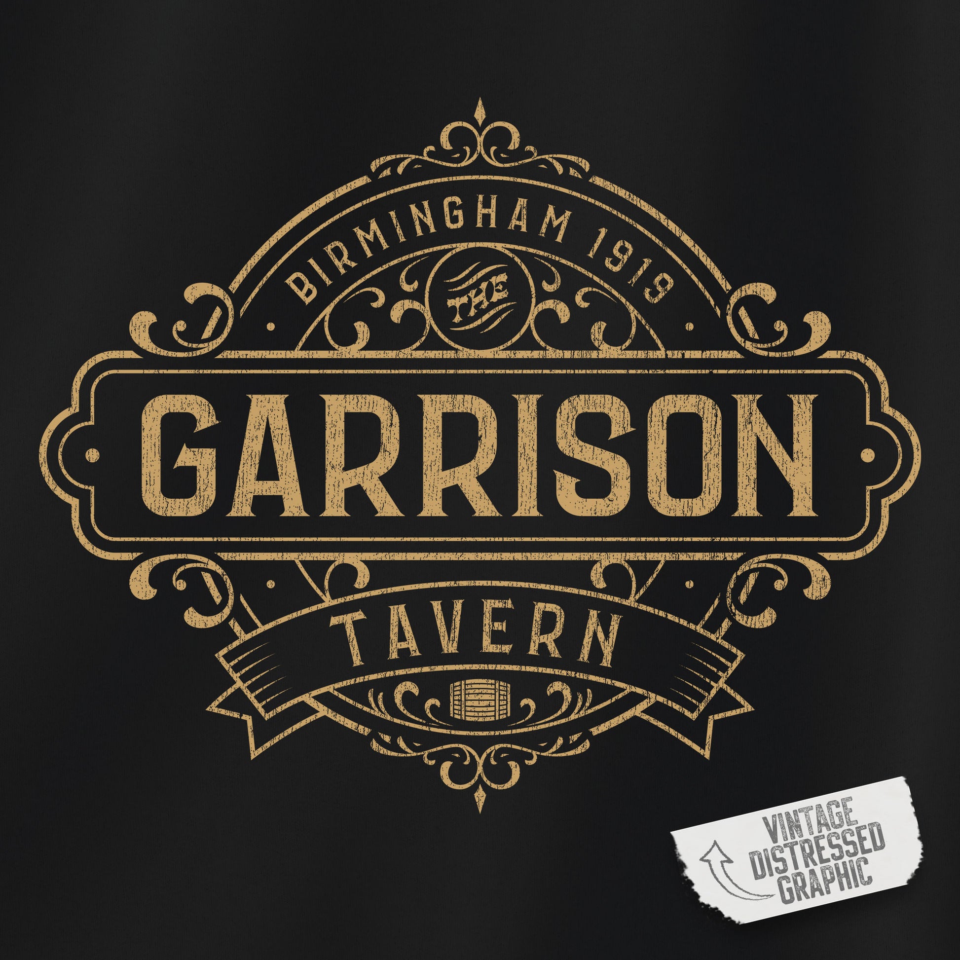 Closeup of a black Soft Unisex Hoodie Heavy Blend Hooded Sweatshirt featuring the Garrison Tavern Bar Logo Graphic inspired by the TV show and movie Peaky Blinders in a vintage distressed style sold by ScriptedBrand.