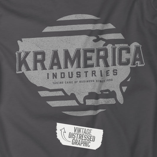 Closeup of gray Hoodie Sweatshirt featuring a Kramerica logo inspired by Seinfeld, designed by ScriptedBrand in a vintage distressed style.