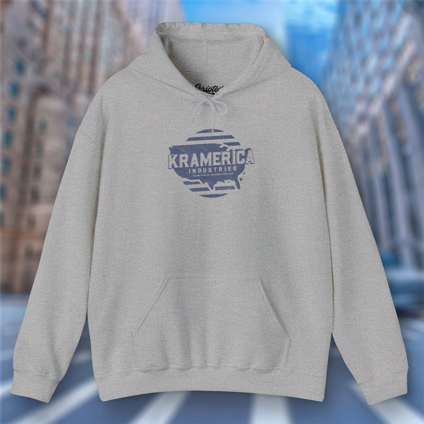 Heather Gray Hoodie Sweatshirt featuring a Kramerica logo inspired by Seinfeld, designed by ScriptedBrand in a vintage distressed style.