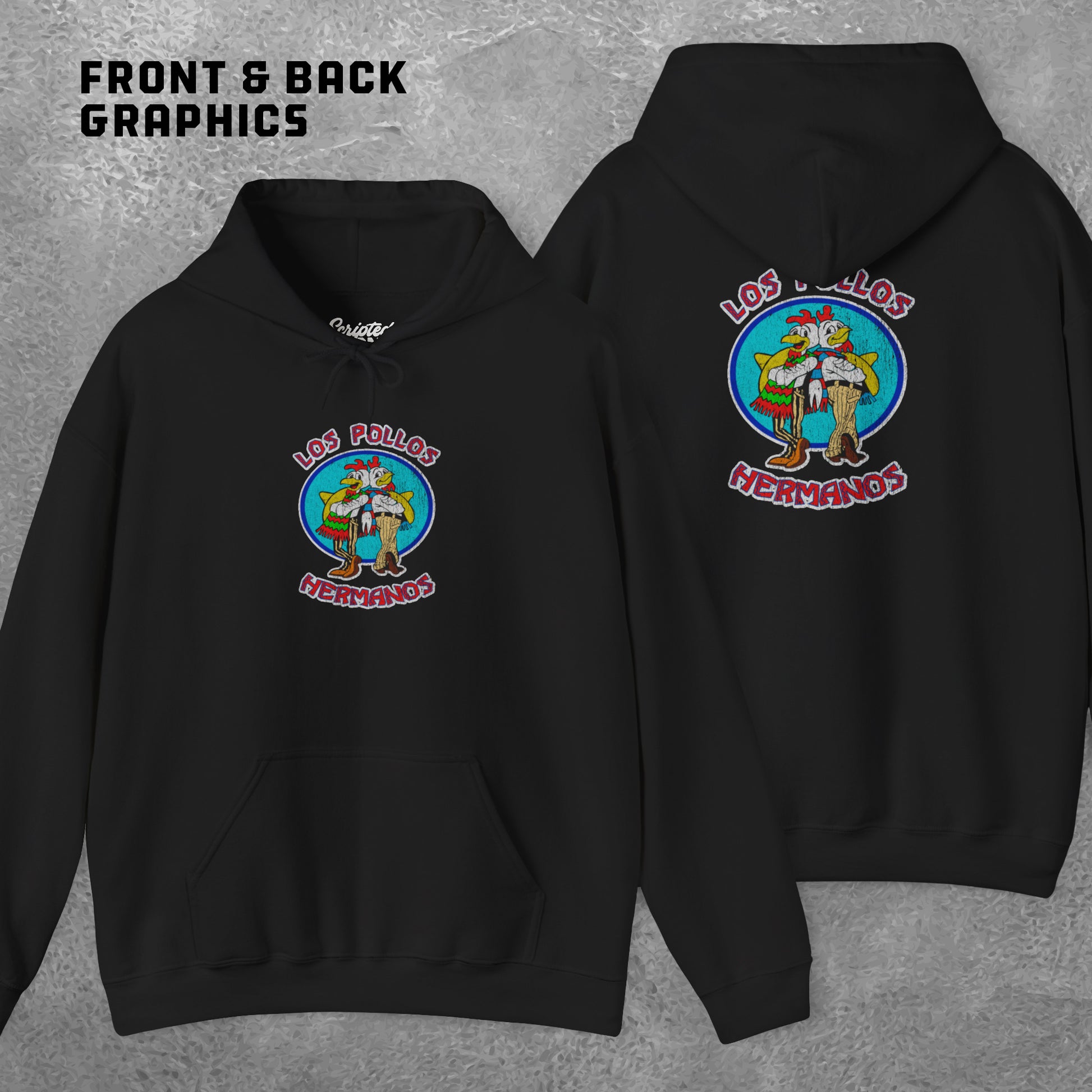 Front and back view of a black Soft Unisex Hoodie Heavy Blend Hooded Sweatshirt featuring the Los Pollos Hermanos logo from the TV show Breaking Bad and Better Call Saul in a vintage distressed style. Logo is printed on both front and back of hoodie.