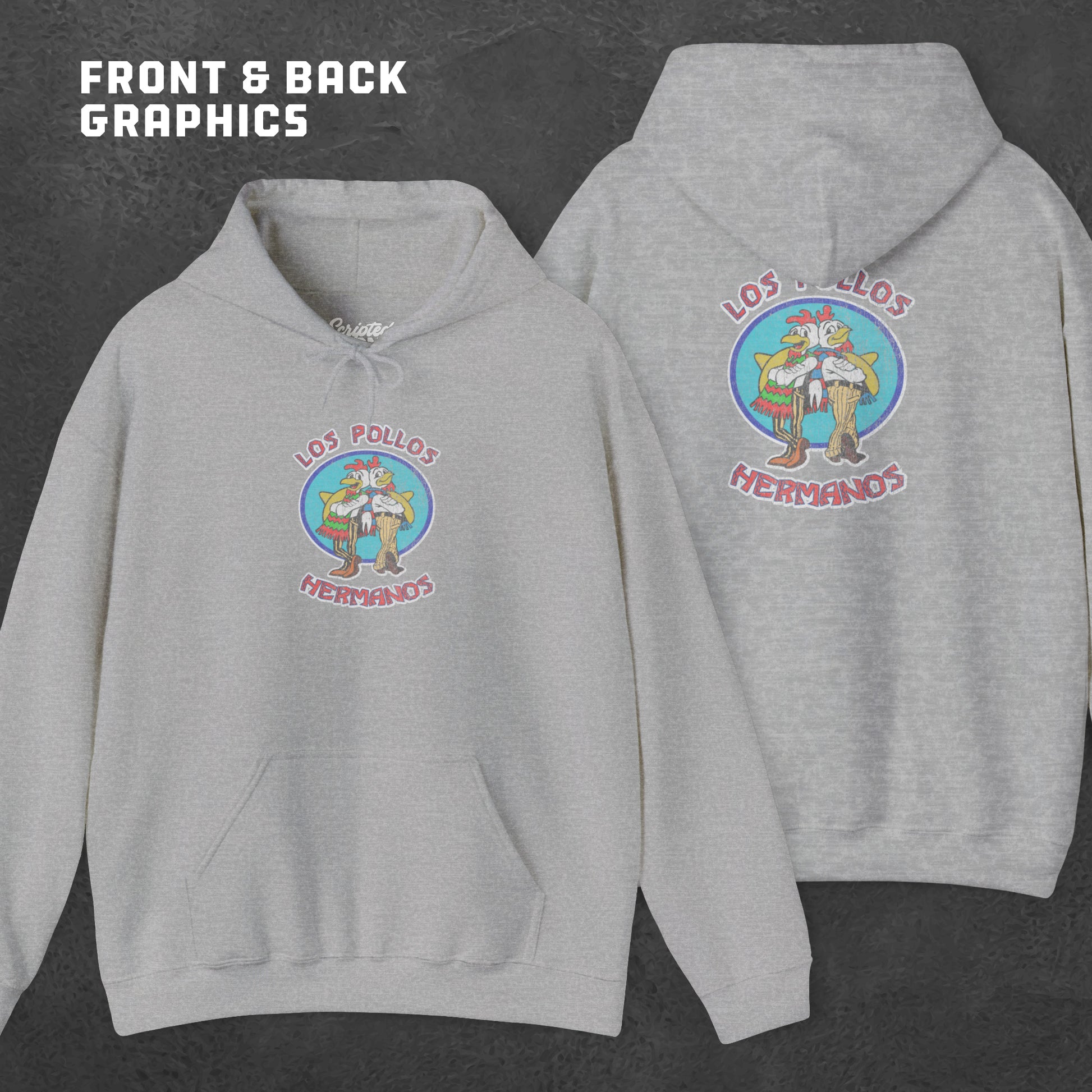 Front and back view of a sport heather gray Soft Unisex Hoodie Heavy Blend Hooded Sweatshirt featuring the Los Pollos Hermanos logo from the TV show Breaking Bad and Better Call Saul in a vintage distressed style. Logo is printed on both front and back of hoodie.