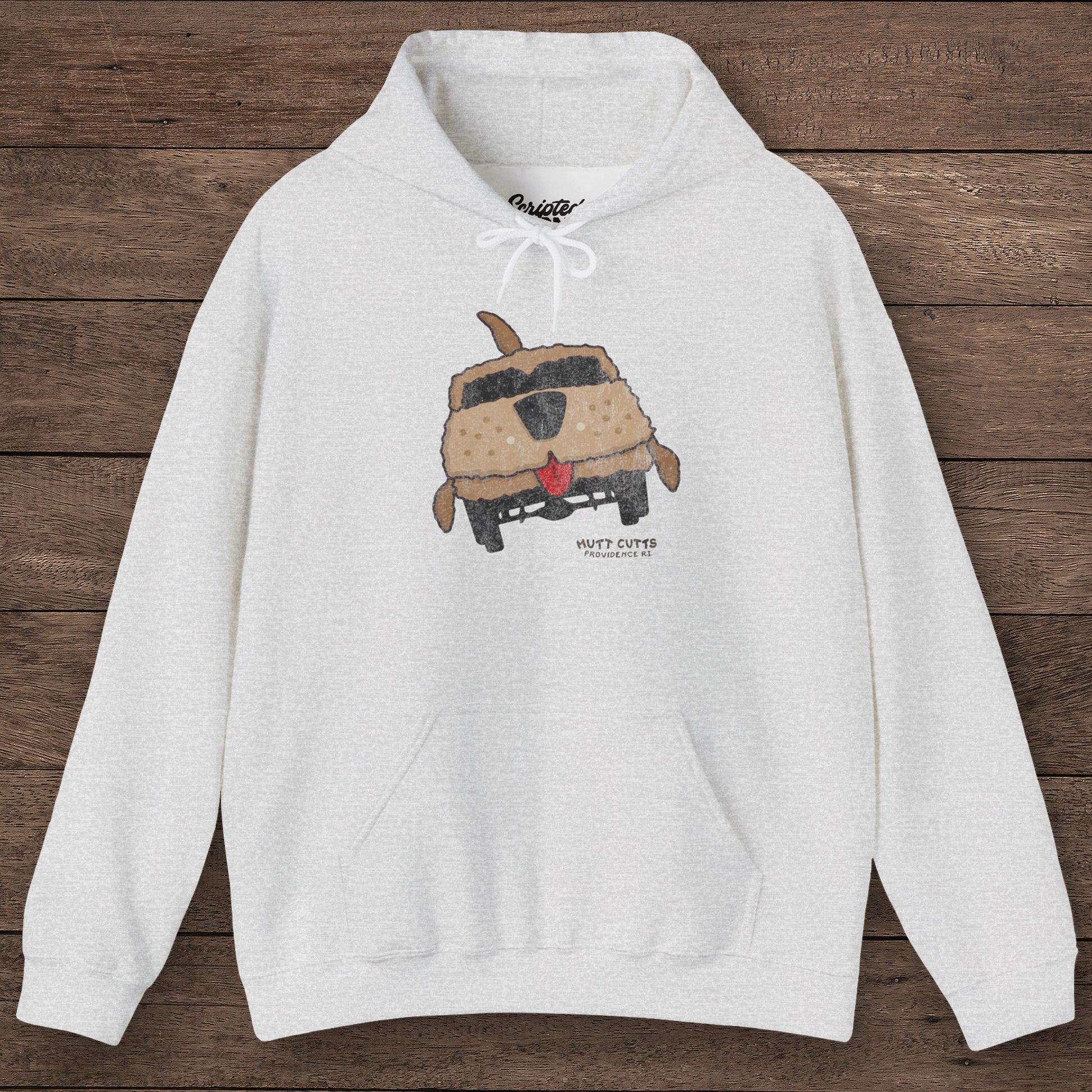 Ash colored Gildan 18500 hoodie with vintage distressed Mutt Cutts dog van graphic inspired by Dumb and Dumber movie.