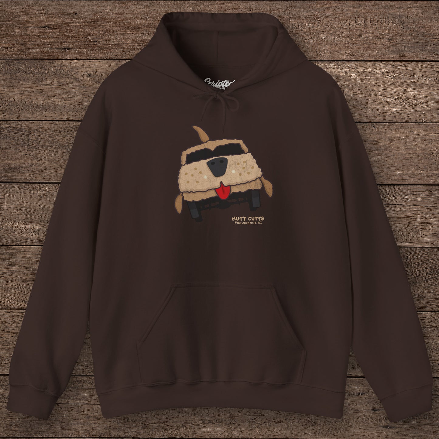 Chocolate brown colored Gildan 18500 hoodie with vintage distressed Mutt Cutts dog van graphic inspired by Dumb and Dumber movie.