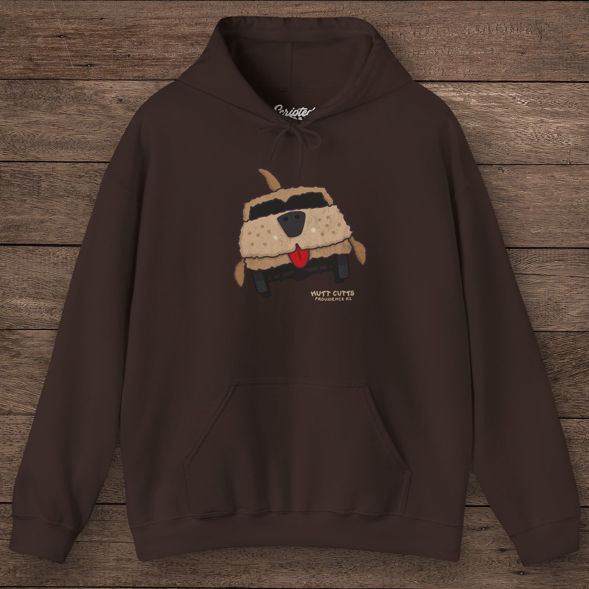 Chocolate brown colored Gildan 18500 hoodie with vintage distressed Mutt Cutts dog van graphic inspired by Dumb and Dumber movie.