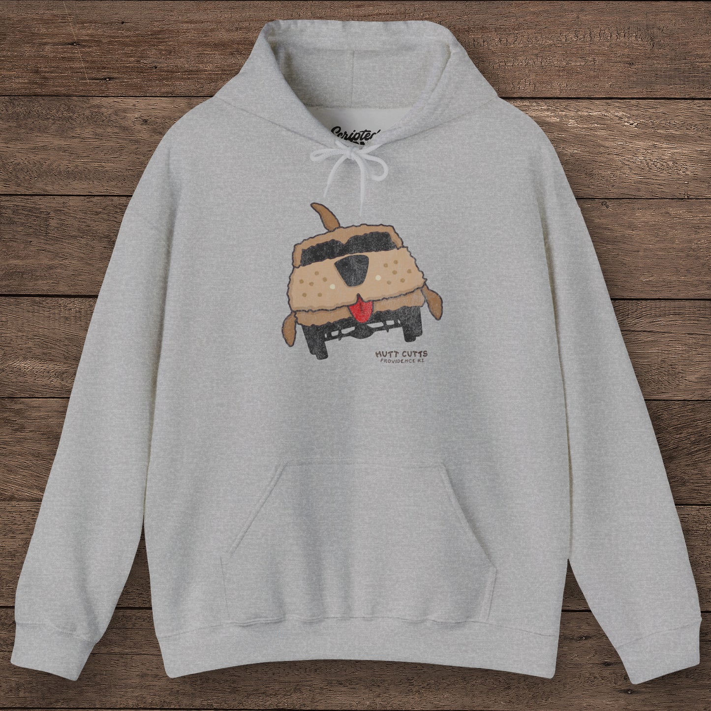 heather gray colored Gildan 18500 hoodie with vintage distressed Mutt Cutts dog van graphic inspired by Dumb and Dumber movie.