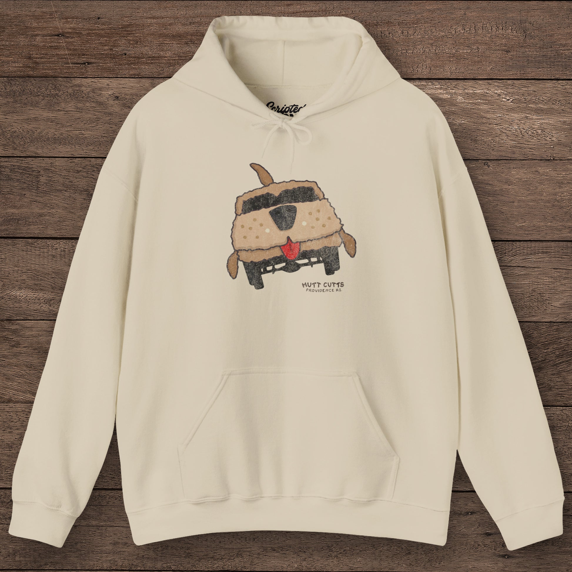 Sand colored Gildan 18500 hoodie with vintage distressed Mutt Cutts dog van graphic inspired by Dumb and Dumber movie.