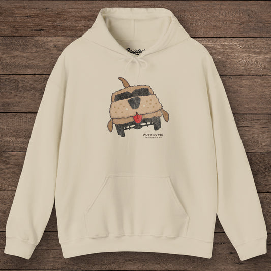 Sand colored Gildan 18500 hoodie with vintage distressed Mutt Cutts dog van graphic inspired by Dumb and Dumber movie.