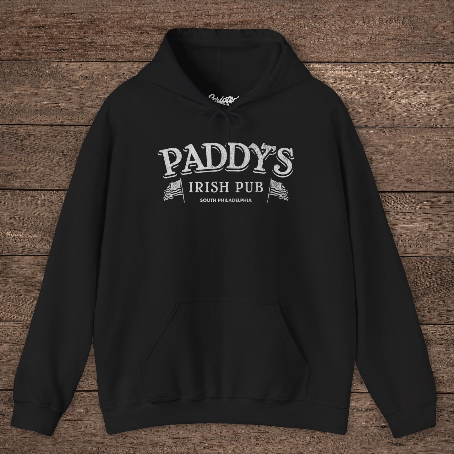 Black Hoodie Sweatshirt with the Paddy's Pub logo graphic from the TV Show Its Always Sunny in Philadelphia in a vintage style.