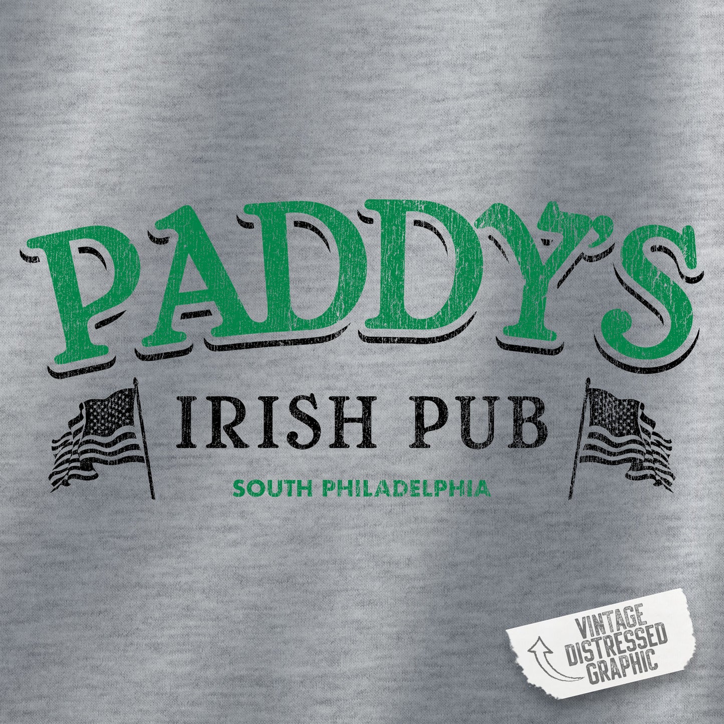 Closeup of Hoodie Sweatshirt with the Paddy's Pub logo graphic from the TV Show Its Always Sunny in Philadelphia in a vintage style.