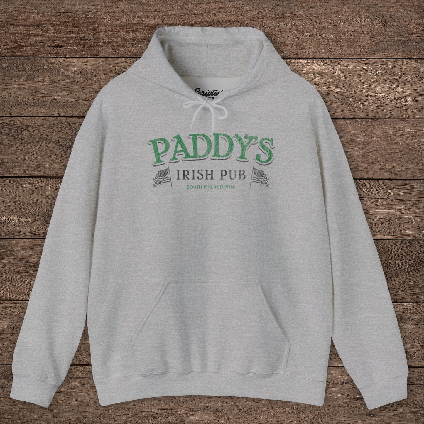 Sport heather gray Hoodie Sweatshirt with the Paddy's Pub logo graphic from the TV Show Its Always Sunny in Philadelphia in a vintage style.