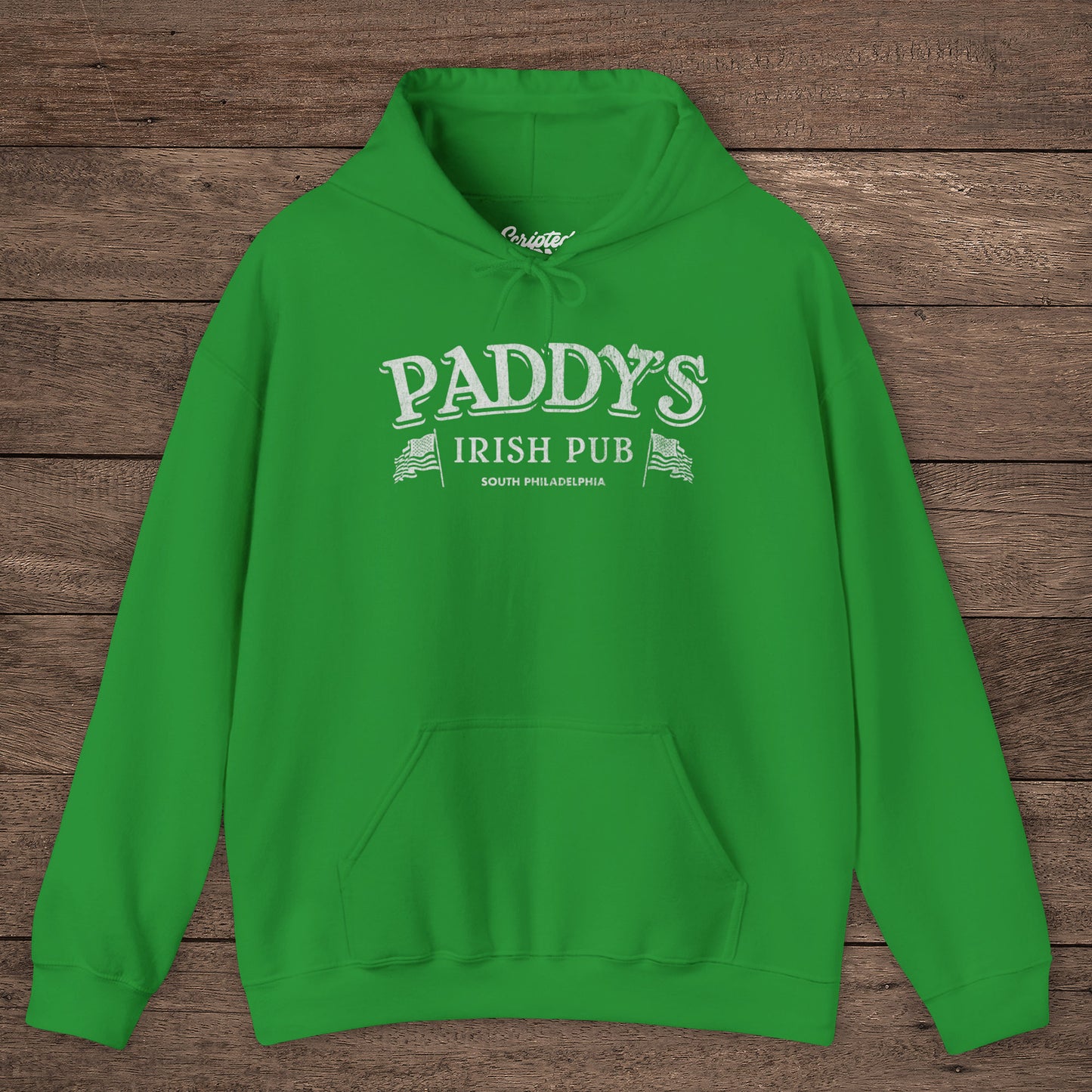 Green Hoodie Sweatshirt with the Paddy's Pub logo graphic from the TV Show Its Always Sunny in Philadelphia in a vintage style.