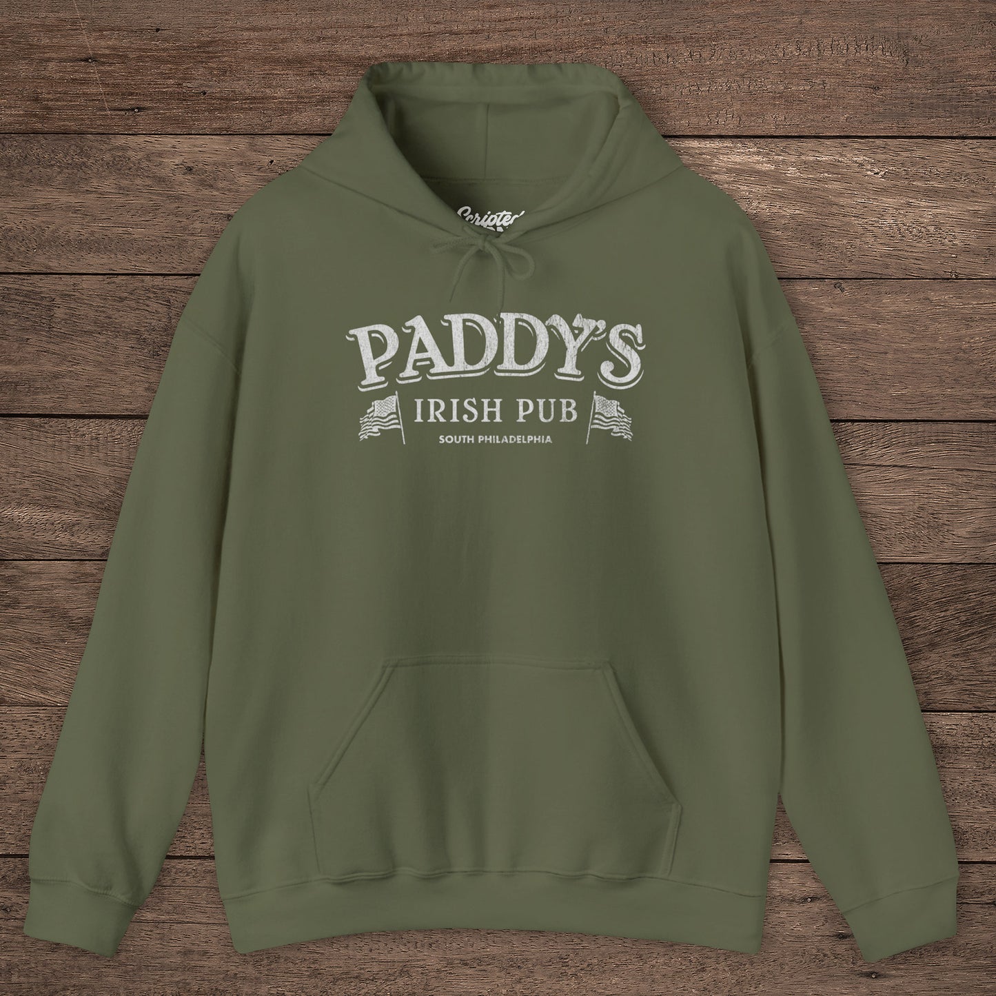 Military Green Hoodie Sweatshirt with the Paddy's Pub logo graphic from the TV Show Its Always Sunny in Philadelphia in a vintage style.