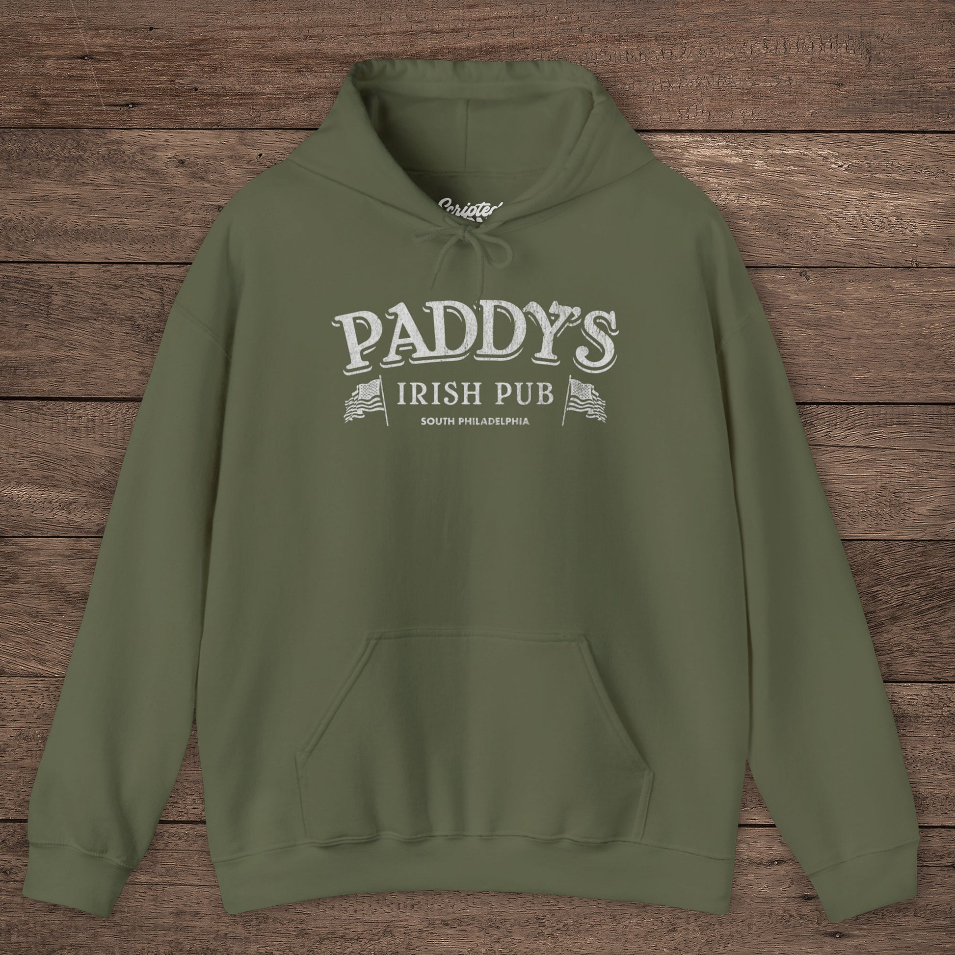 Military Green Hoodie Sweatshirt with the Paddy's Pub logo graphic from the TV Show Its Always Sunny in Philadelphia in a vintage style.
