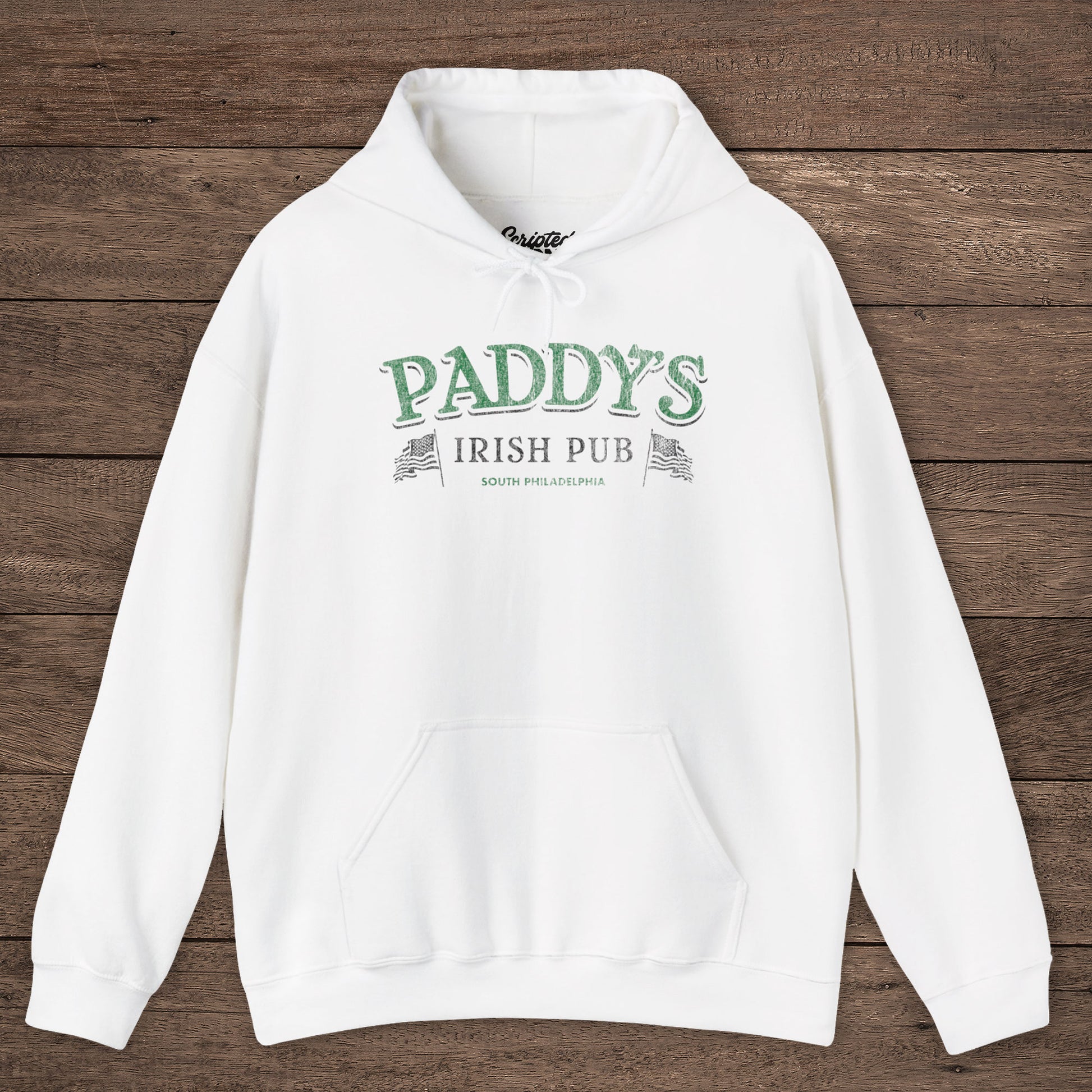 White Hoodie Sweatshirt with the Paddy's Pub logo graphic from the TV Show Its Always Sunny in Philadelphia in a vintage style.