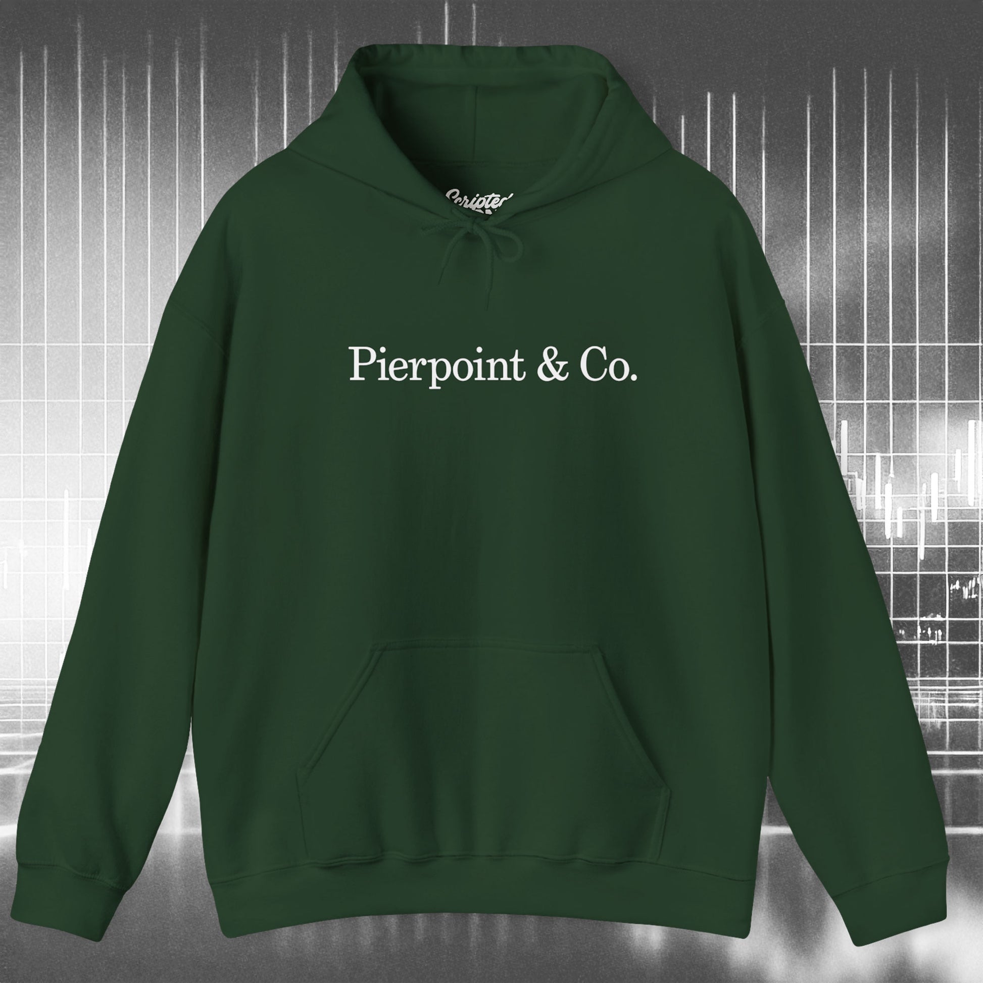 Front view of a green soft Unisex Hoodie Heavy Blend Hooded Sweatshirt featuring the Pierpoint & Co logo worn by the character Eric Tao in the TV show Industry.