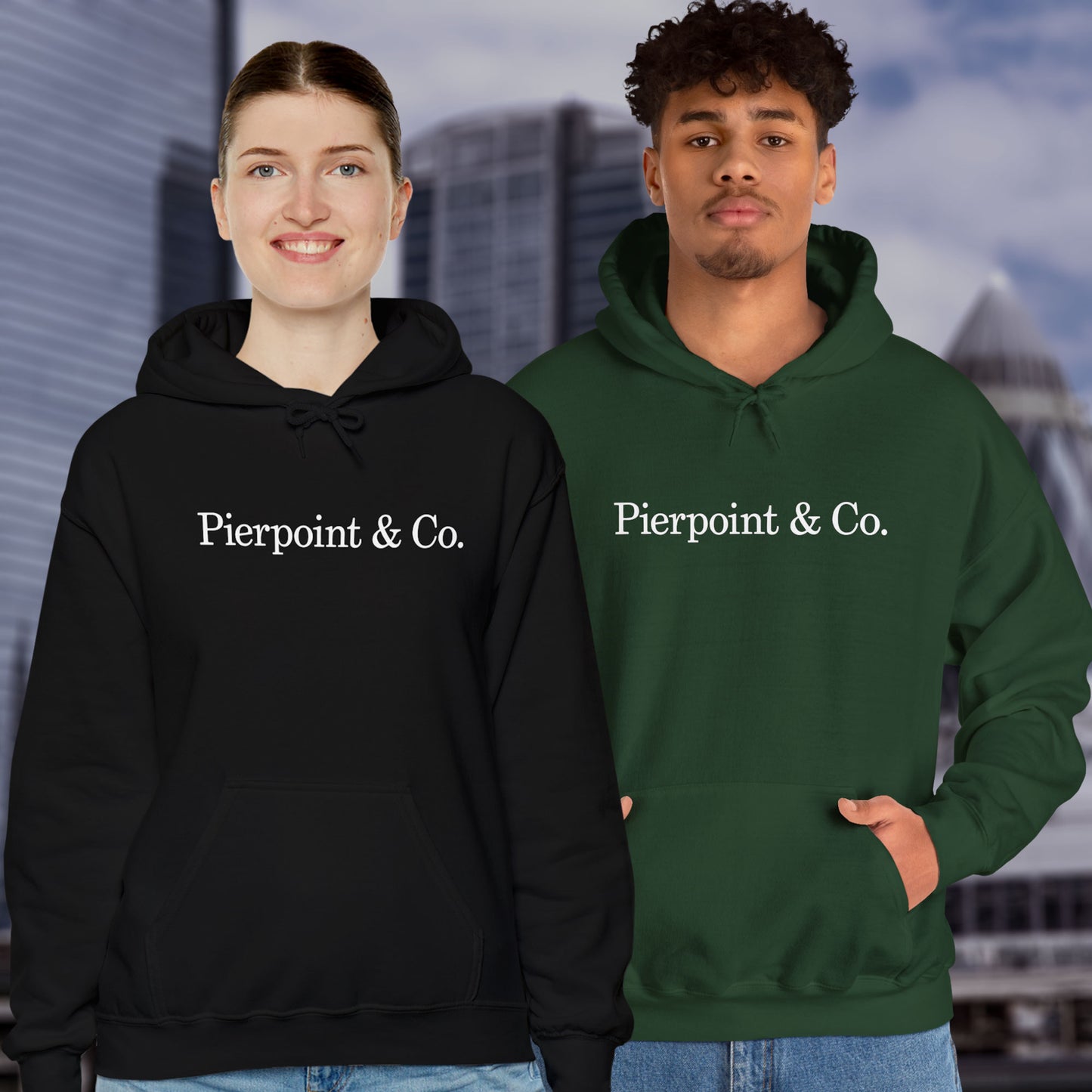2 models wearing a black and green soft Unisex Hoodie Heavy Blend Hooded Sweatshirt featuring the Pierpoint & Co logo worn by the character Eric Tao in the TV show Industry.