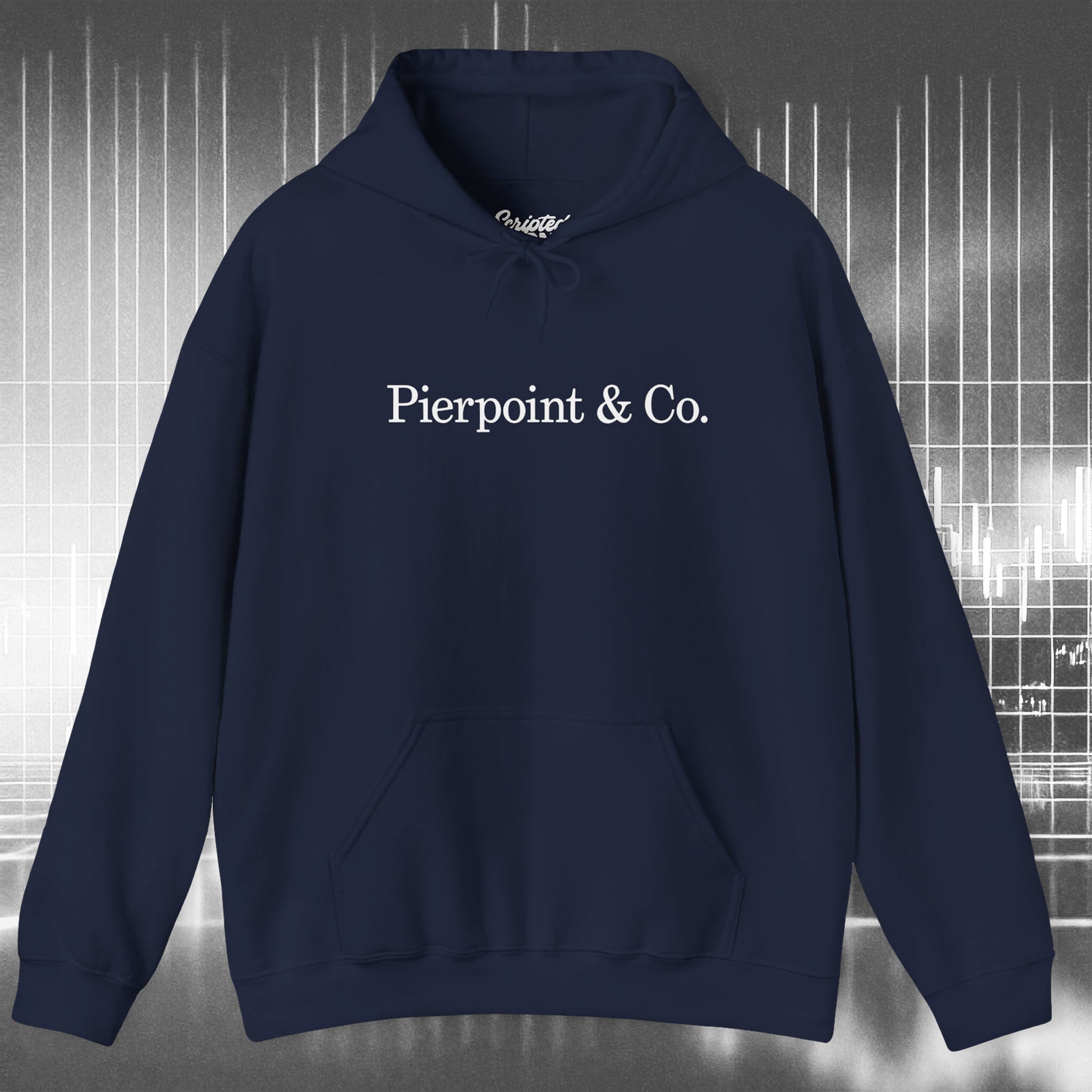 Front view of a navy blue soft Unisex Hoodie Heavy Blend Hooded Sweatshirt featuring the Pierpoint & Co logo worn by the character Eric Tao in the TV show Industry.
