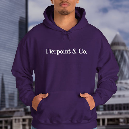 Male model wearing a Purple soft Unisex Hoodie Heavy Blend Hooded Sweatshirt featuring the Pierpoint & Co logo worn by the character Eric Tao in the TV show Industry.
