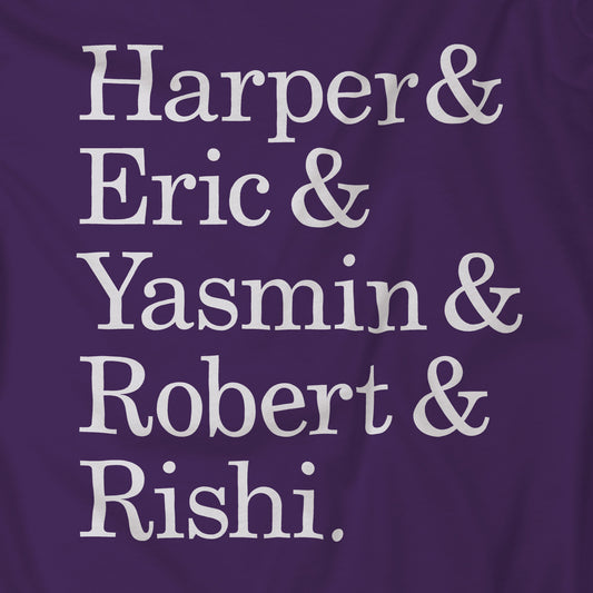Closeup of purple hoodie with names Harper, Eric, Yasmin, Robert & Rishi in Pierpoint & Co. font, inspired by TV show Industry.